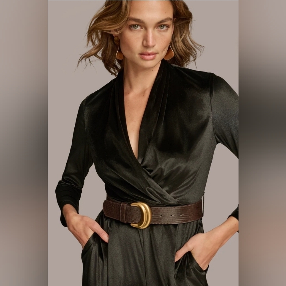 NWT Donna Karan Velvet V-neck Jumpsuit: Black W/Black Belt: Size- 14 - Picture 2 of 12